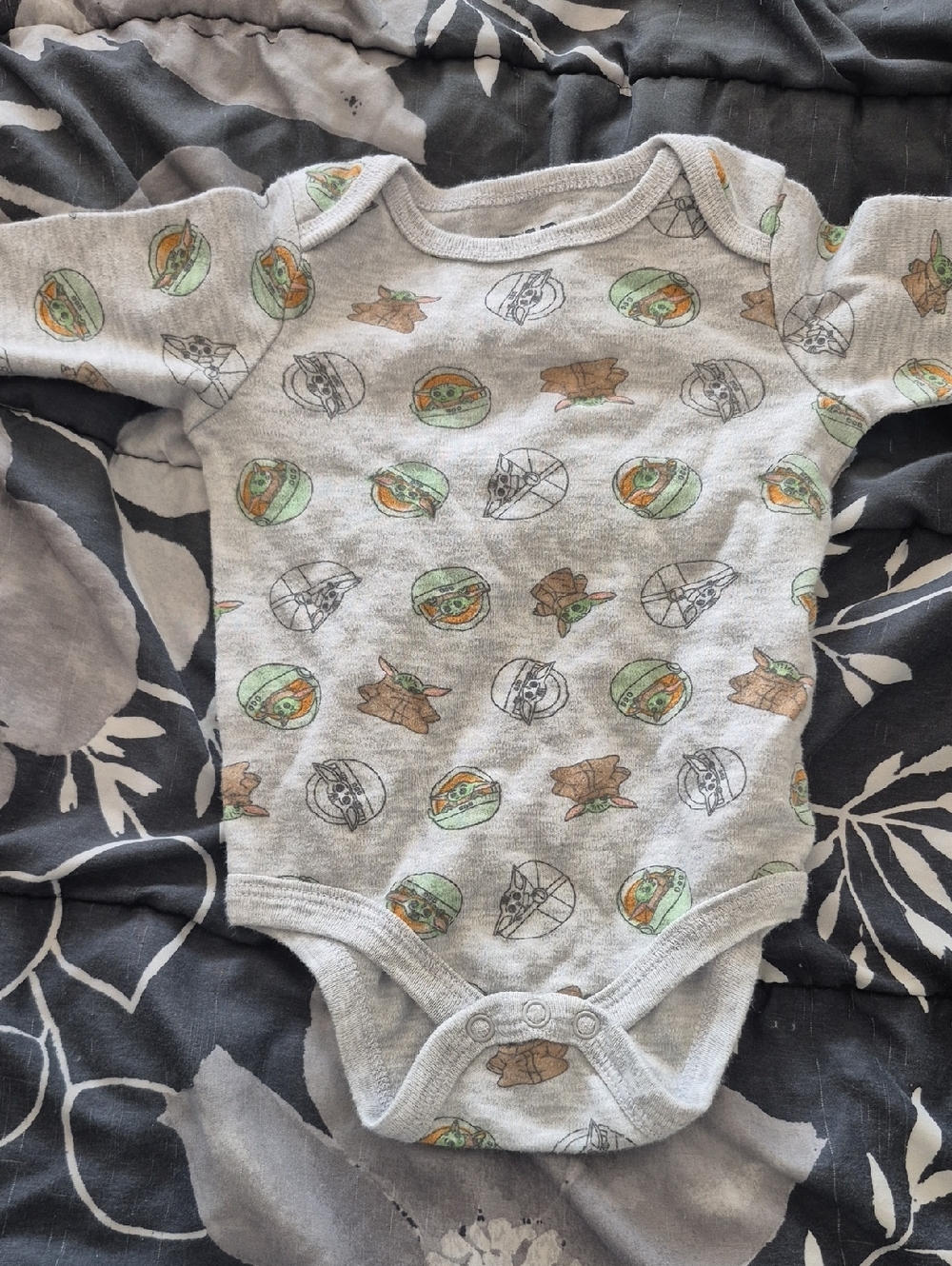 Star Wars Gray Baby Bodysuit with Green and Brown Grogu Motif